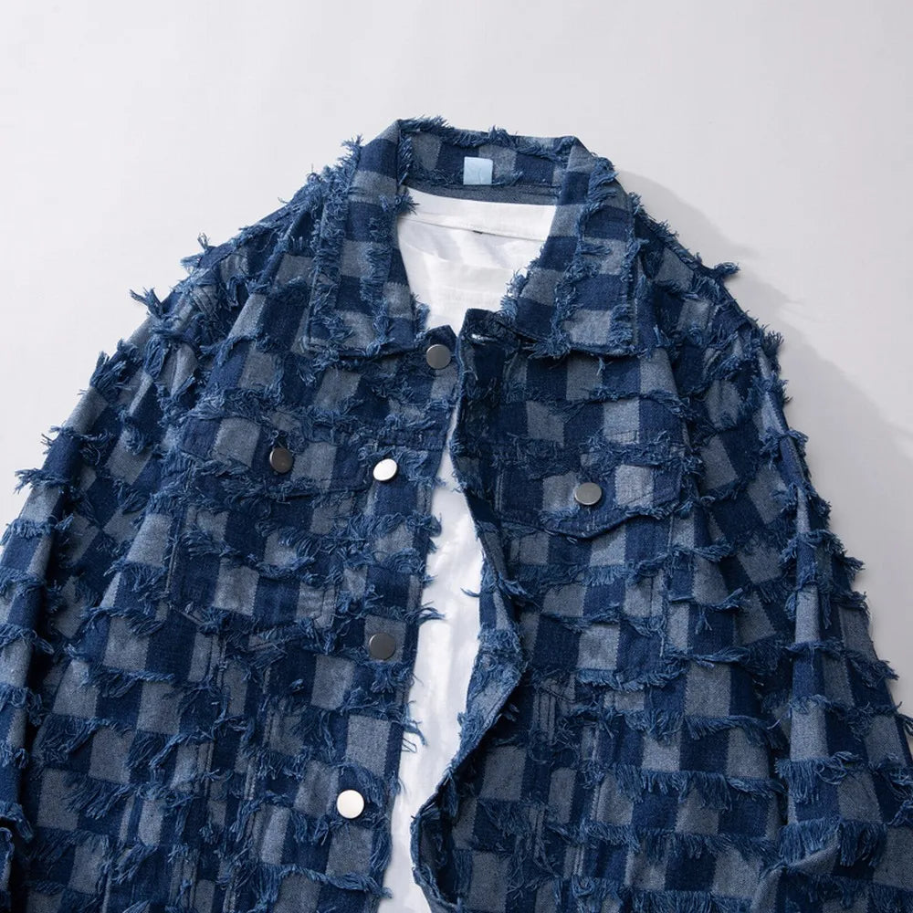 Arlo-Retro Blue Plaid Tassel Denim Jacket