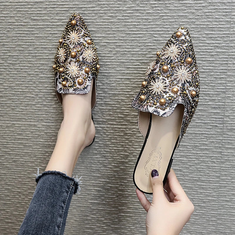 Zoe-Rhinestone Embroidered Velvet Fur Slippers