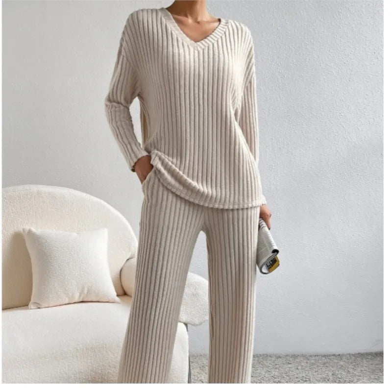 Aurora-Wool Sweater and Straight Pants Set - Casual Pit Stripe Two-Piece Suit