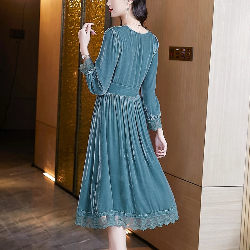 Aurora-Fashion Blue Velvet Patchwork Lace Midi Dress