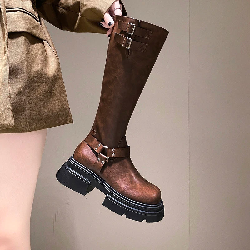 Vintage-Inspired Platform Chunky Motorcycle Cowboy Boots