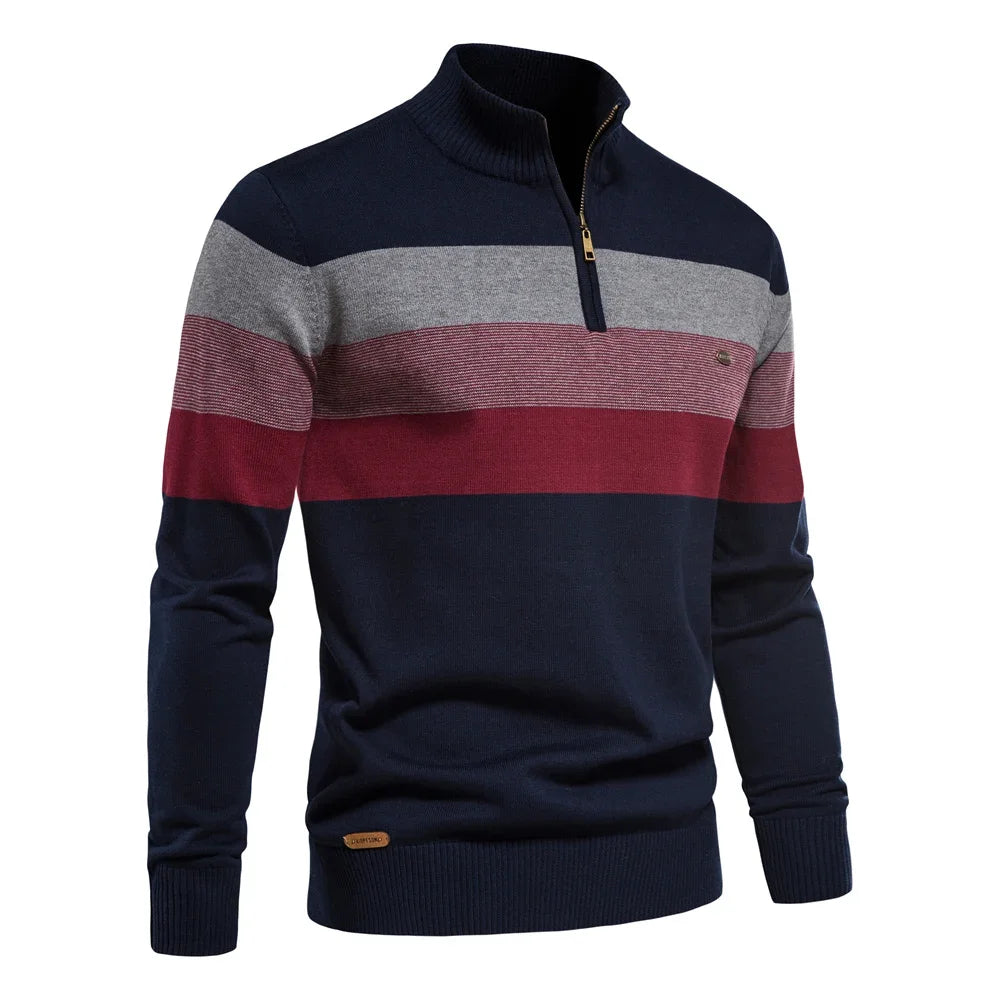 Hugo-Striped Cotton Quarter Zip Pullover Sweater