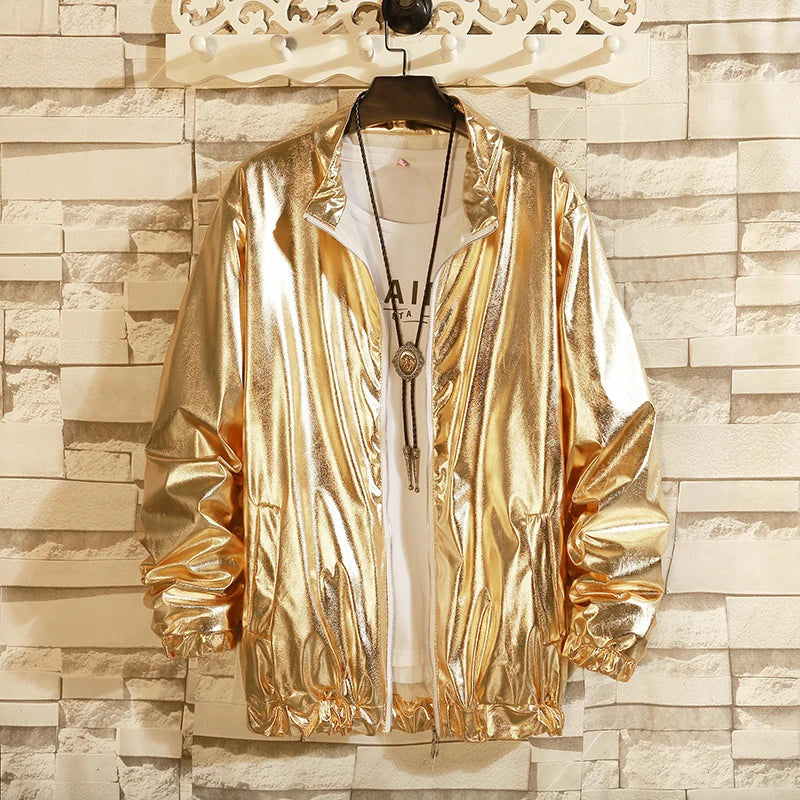 Men's Windbreaker Jacket - Reflective Gold Hip Hop Streetwear for Nightclub & Stage