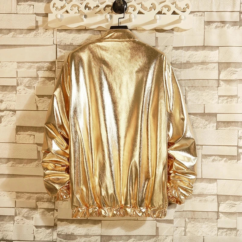 Men's Windbreaker Jacket - Reflective Gold Hip Hop Streetwear for Nightclub & Stage