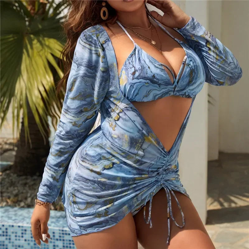 Esme-Blue Tie Dye Bikini with Sarong Skirt & Long Sleeve Cover-Up