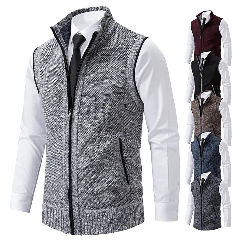 Louie-Knitted Wool Velvet Vest - Sleeveless Zipper Cardigan with Turtleneck