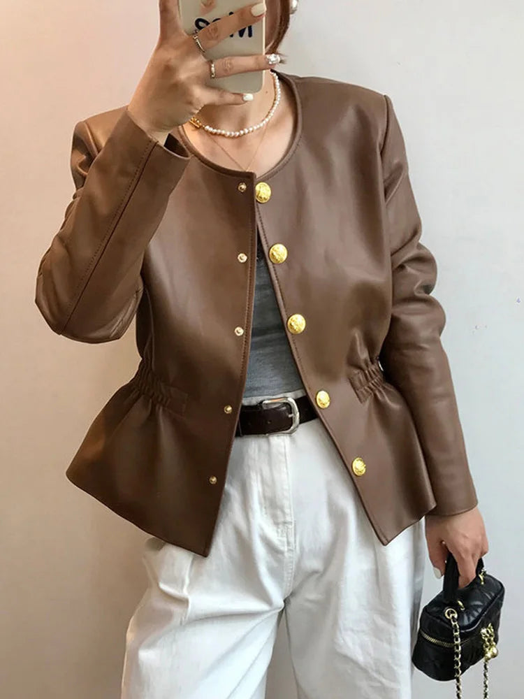 Darcy-Round Neck PU Leather Jacket