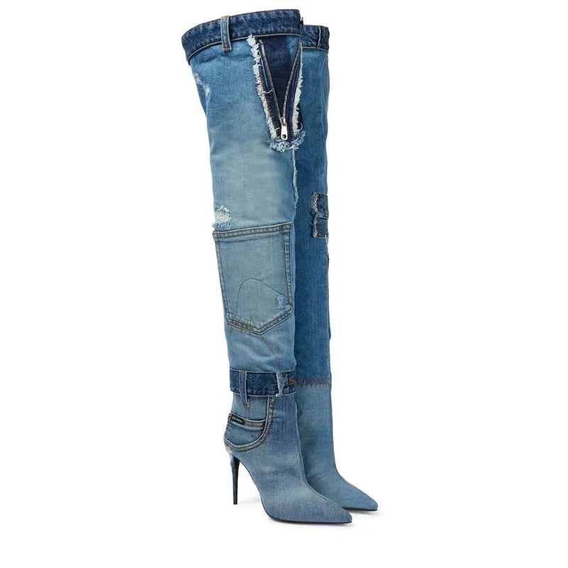 Rosie-Washed Blue Cowboy Over Knee Pocket Spliced Spice Boots