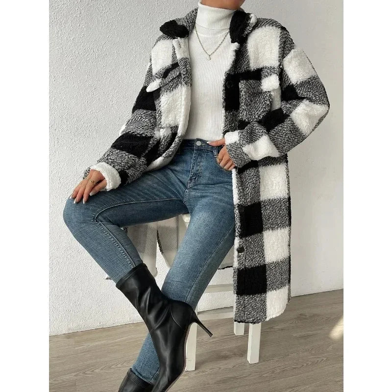 Mia-Plaid Lapel Plush Overcoat