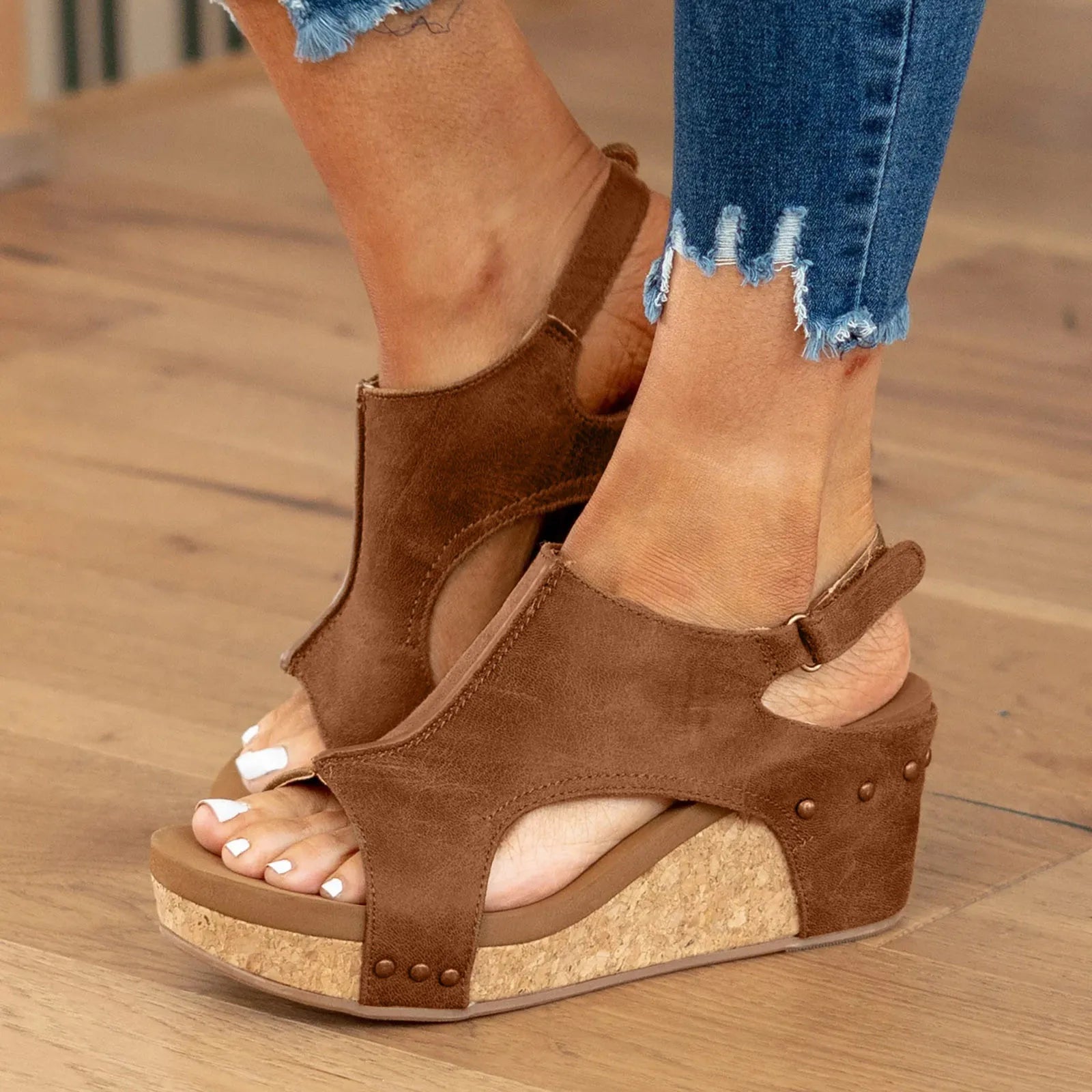 Women's Summer Hook & Loop Wedge Sandals - Suede Open Toe Beach Shoes