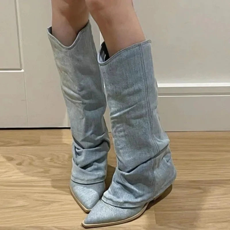 Phoebe-Pleated Block Heel Denim Boots