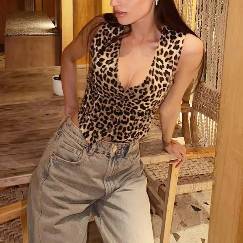 Mabel-Leopard Tank Top - Elegant Sleeveless Printed Vest