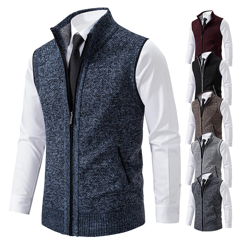 Louie-Knitted Wool Velvet Vest - Sleeveless Zipper Cardigan with Turtleneck