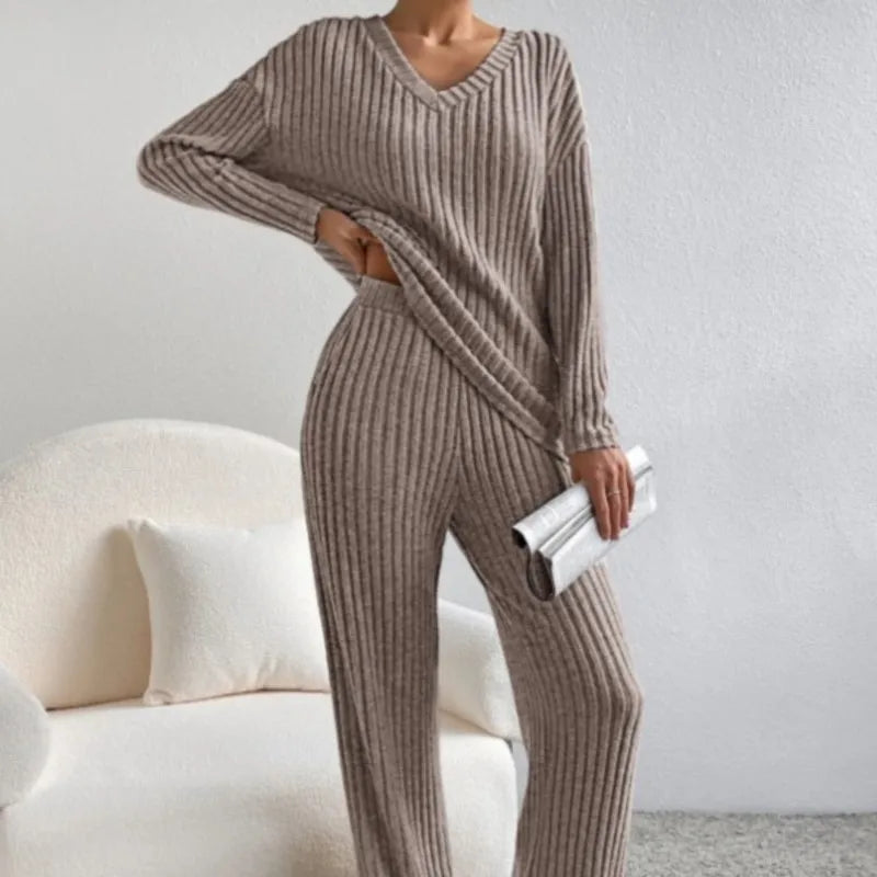 Aurora-Wool Sweater and Straight Pants Set - Casual Pit Stripe Two-Piece Suit