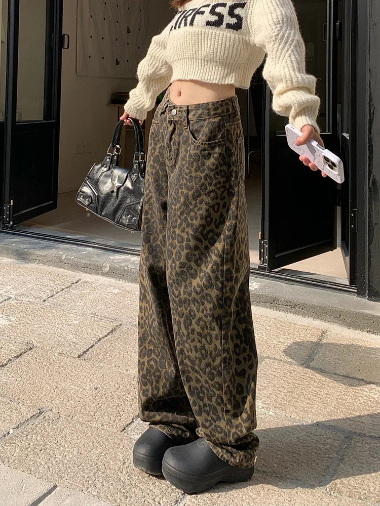 Aria-Korean Leopard Print Y2K Jeans - High Waisted Baggy Wide Leg Denim Pants