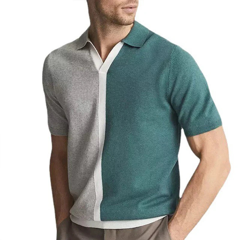 Men’s Summer Casual Polo - Knitted Patchwork Short Sleeve Lapel Tee