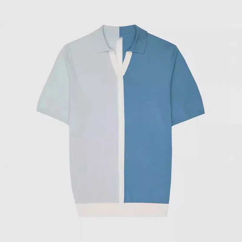 Men’s Summer Casual Polo - Knitted Patchwork Short Sleeve Lapel Tee