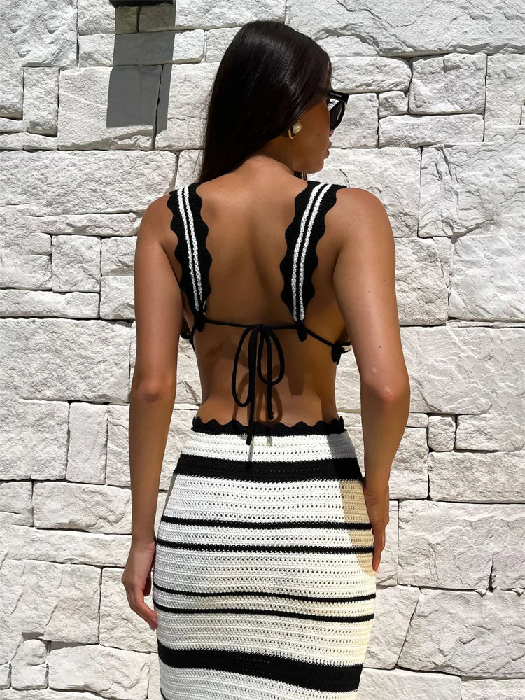 Tossy Knitwear 2-Piece Set - Striped Maxi Skirt & Bustier Bandage Outfit