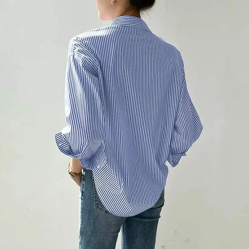 Penelope-Spring Summer Blue Stripes Blouse - Casual Long Sleeve Turn-Down Shirt