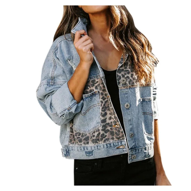 Rosie-Leopard Patchwork Denim Stylish Jacket