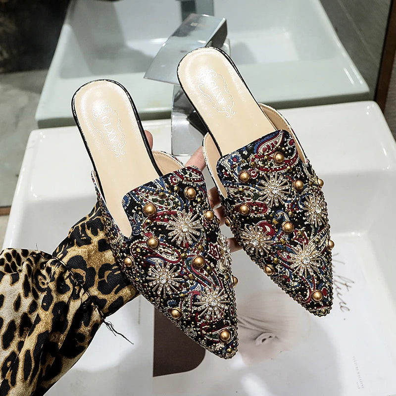 Zoe-Rhinestone Embroidered Velvet Fur Slippers