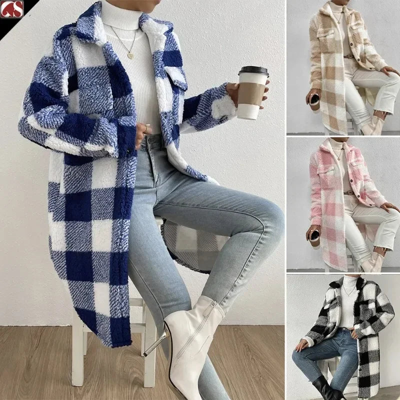 Mia-Plaid Lapel Plush Overcoat