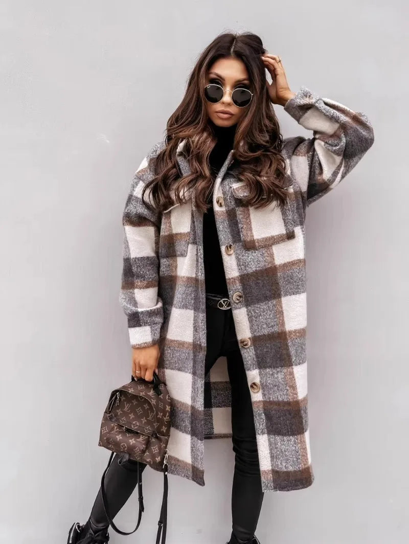 Layla-Checkered Button Style Elegant Long-Sleeved Shirt Jacket