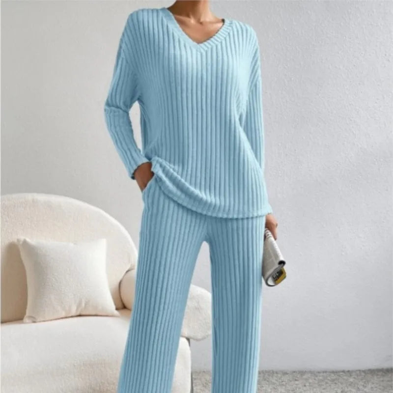 Aurora-Wool Sweater and Straight Pants Set - Casual Pit Stripe Two-Piece Suit