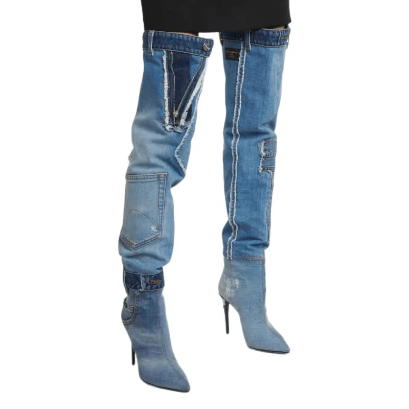 Rosie-Washed Blue Cowboy Over Knee Pocket Spliced Spice Boots