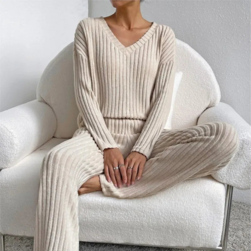 Aurora-Wool Sweater and Straight Pants Set - Casual Pit Stripe Two-Piece Suit