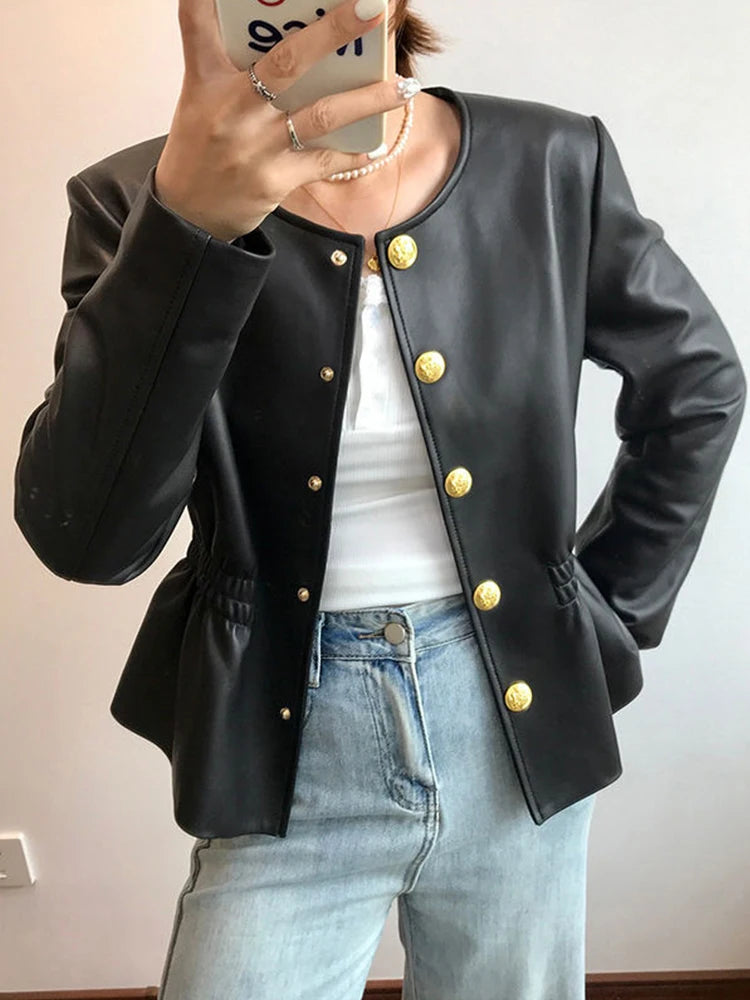 Darcy-Round Neck PU Leather Jacket