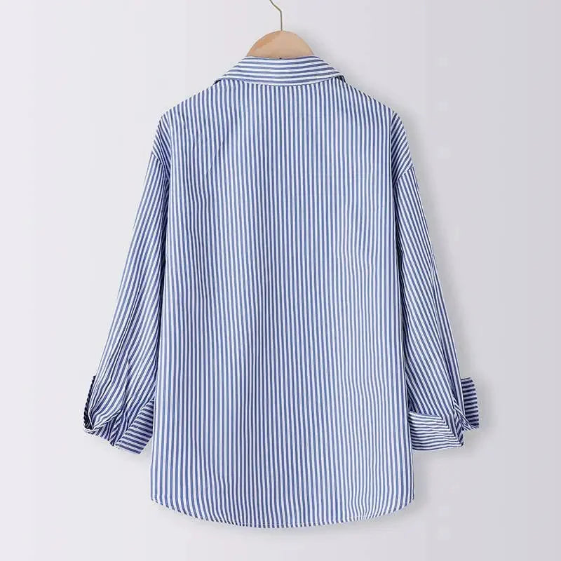 Penelope-Spring Summer Blue Stripes Blouse - Casual Long Sleeve Turn-Down Shirt