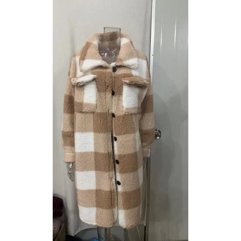 Mia-Plaid Lapel Plush Overcoat