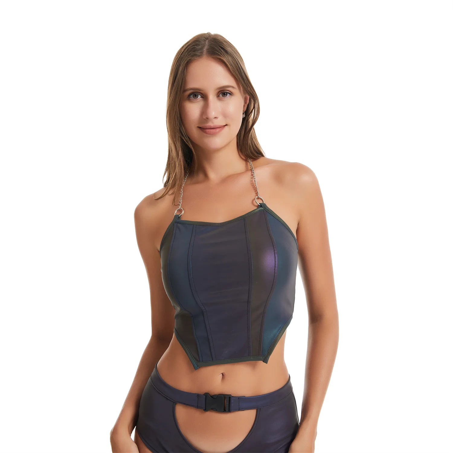 Sienna-Summer Rainbow Reflective Tank Top-Shiny Corset Style