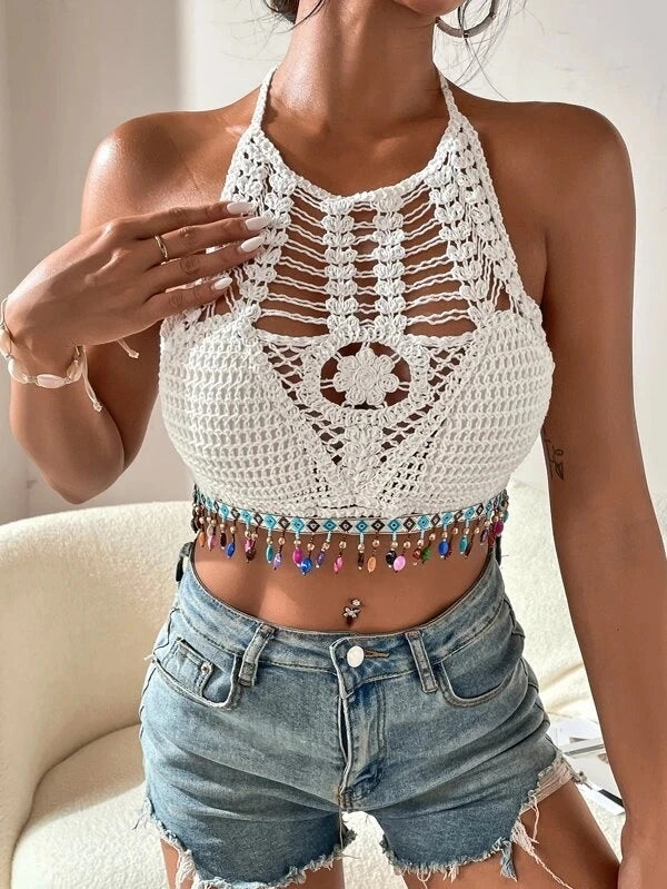 Women's Summer Halter Sweater Vest - Backless Knit Top with Tassel Hem