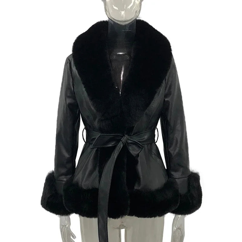 Zara-Fashionable Tie-Belt PU Leather Short Jacket