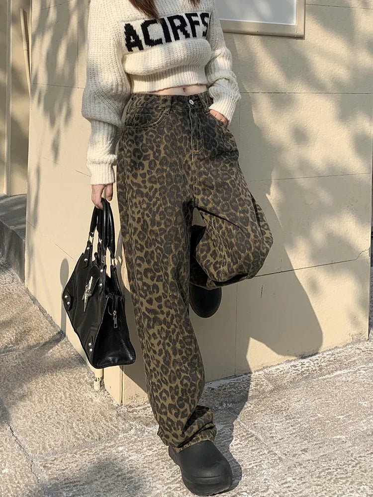 Aria-Korean Leopard Print Y2K Jeans - High Waisted Baggy Wide Leg Denim Pants