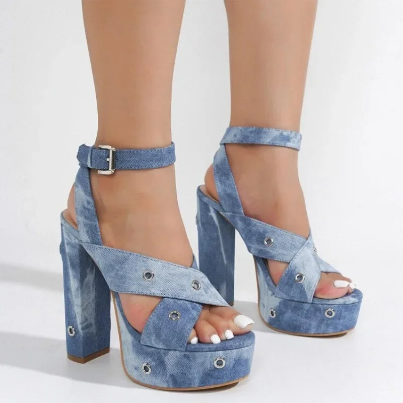 Hallie-Blue Denim Fish Mouth Sandals