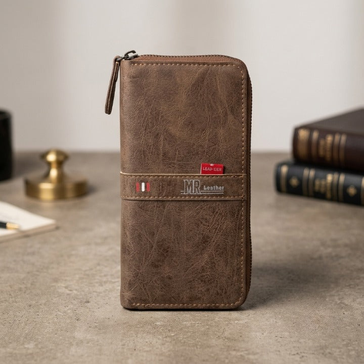 MR Premium Leather Wallet for Men – Brown Zip Around Bifold Wallet with Multiple Card Holders & Coin Pocket