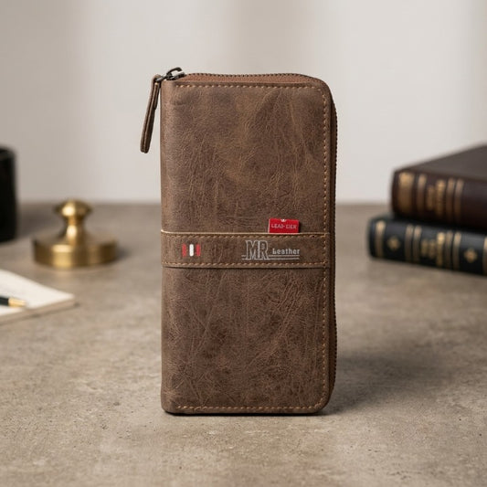 MR Premium Leather Wallet for Men – Brown Zip Around Bifold Wallet with Multiple Card Holders & Coin Pocket