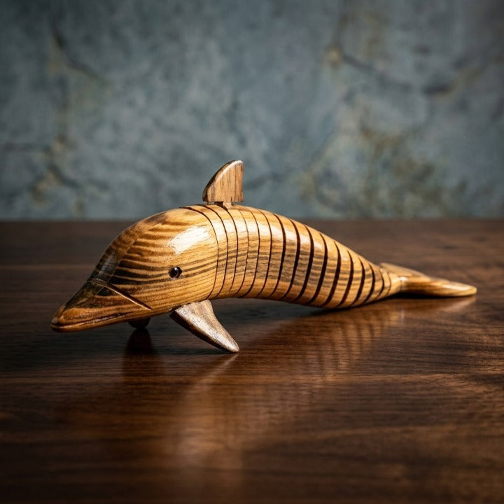 Handcrafted Articulated Wooden Dolphin – Flexible Decorative Desk Toy & Wooden Fish Sculpture