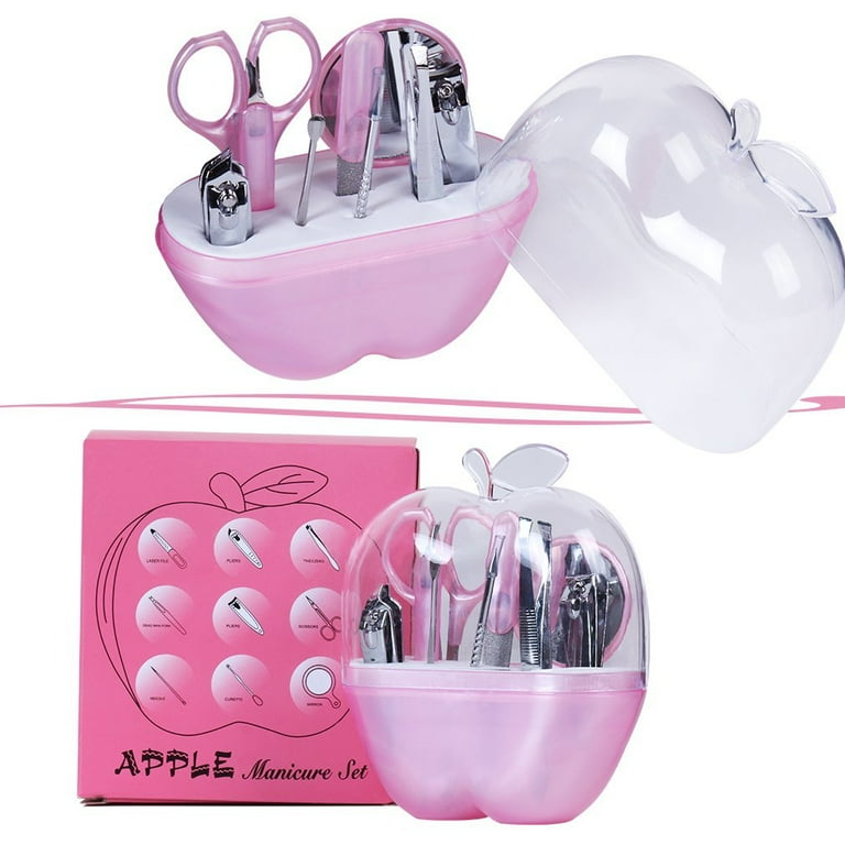 8-Piece Apple Manicure & Pedicure Kit – Portable ABS Plastic Nail Care Set (Pink)
