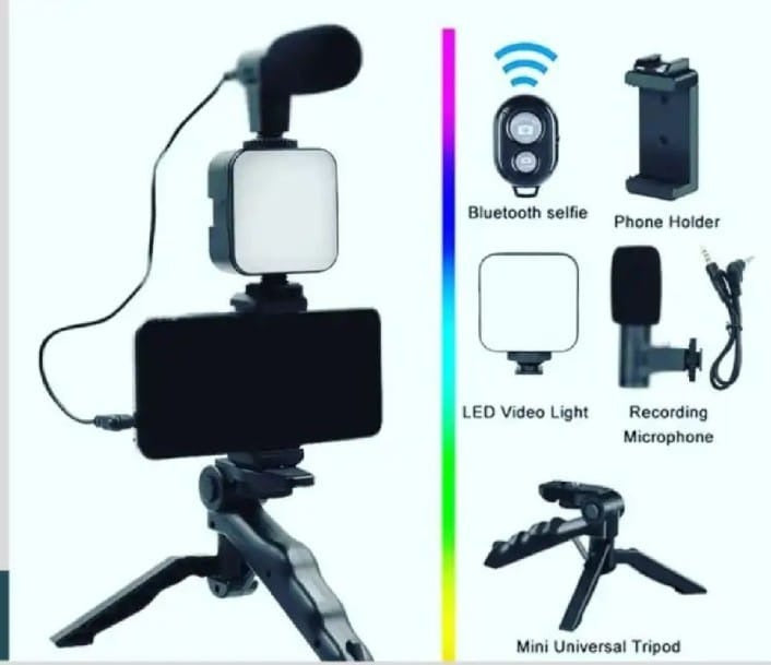 AY-49 Vlogging Kit – Portable Video Recording Kit with LED Light, Shotgun Microphone & Flexible Tripod