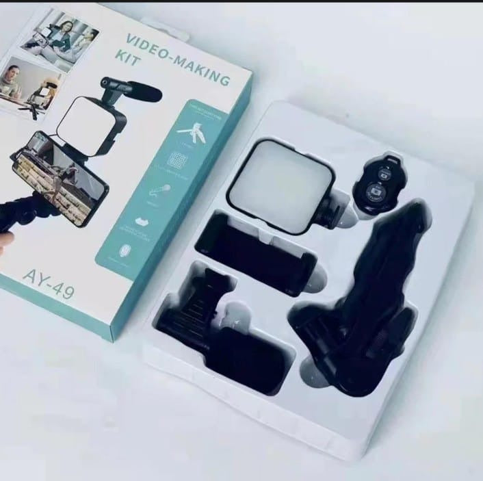 AY-49 Vlogging Kit – Portable Video Recording Kit with LED Light, Shotgun Microphone & Flexible Tripod