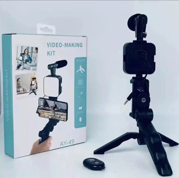 AY-49 Vlogging Kit – Portable Video Recording Kit with LED Light, Shotgun Microphone & Flexible Tripod