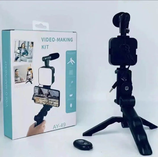 AY-49 Vlogging Kit – Portable Video Recording Kit with LED Light, Shotgun Microphone & Flexible Tripod