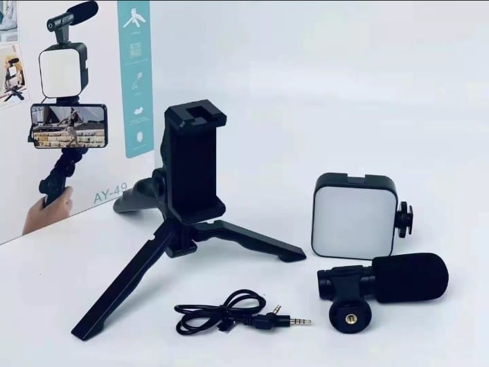 AY-49 Vlogging Kit – Portable Video Recording Kit with LED Light, Shotgun Microphone & Flexible Tripod