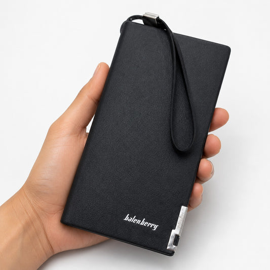 Balenberry Men's Premium Long Wallet – 12 Card Slots | Dual Cash Compartments | Black