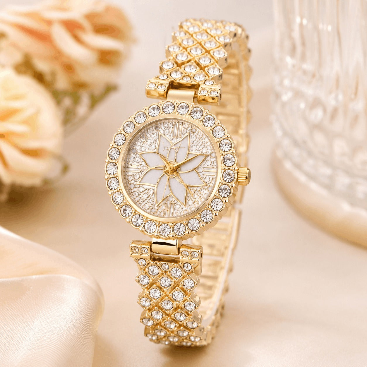 Luxury Women's Quartz Wrist Watch with Floral Crystal Dial – Golden Fashion Watch