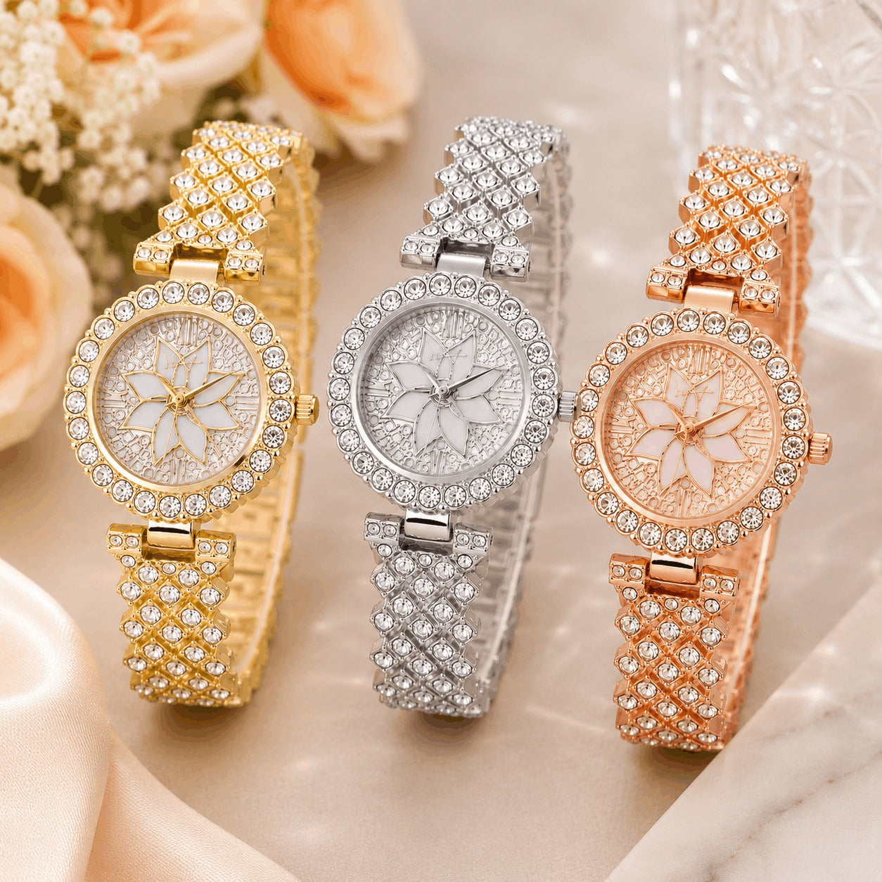 Luxury Women's Quartz Wrist Watch with Floral Crystal Dial – Golden Fashion Watch